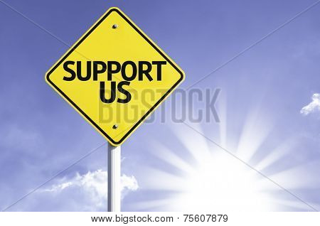 Support Us road sign with sun background 