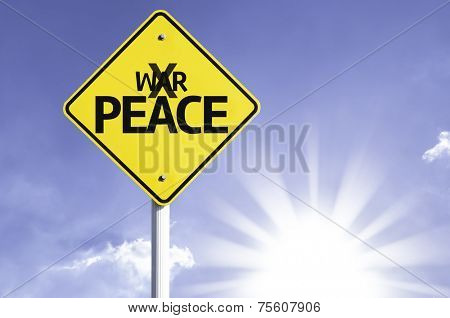 Peace road sign with sun background 