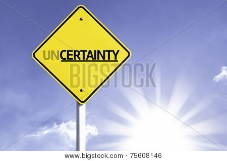 Uncertainty road sign with sun background