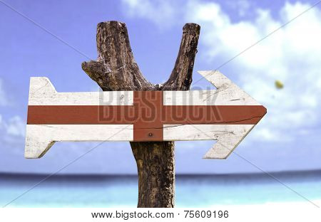 England wooden sign with a river on background 