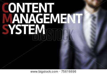 Content Management System written on a board with a business man on background