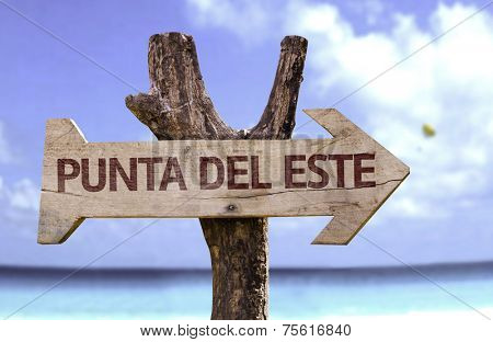 Puntal Del Este wooden sign with a beach on background