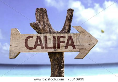 Califa wooden sign with a beach on background