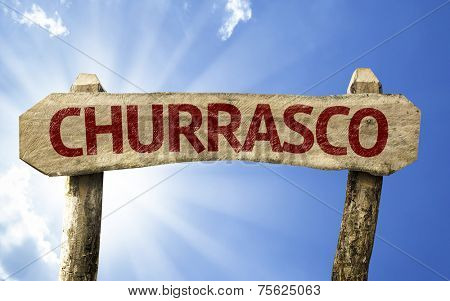 Barbecue (In Portuguese) wooden sign on a summer day