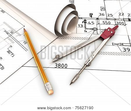 Compasses And Pencil On The Background Of The Drawings.