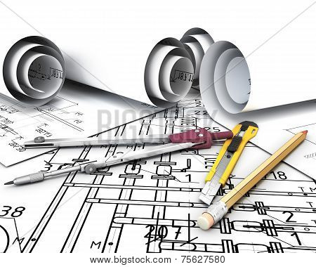 Engineering Tools On The Drawing Plans.