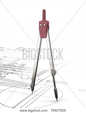 Pair Of Compasses On The Background Of The Drawing.