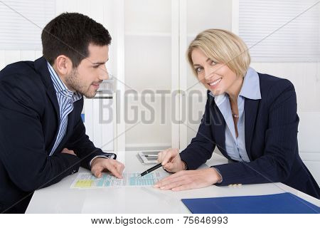 Successful business team in the yearly performance review talk sitting at desk.