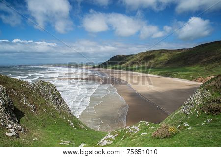 Beautiful Summer Landscape Of Rhosilli Bay Beach Gower Peninsula In Wales