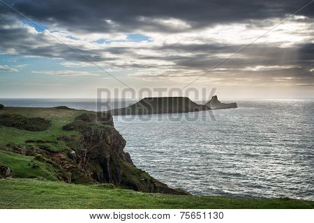 Summer Landscape Of Worm's Head And Rhosilli Bay In Wales