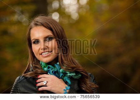 Blog Style Pretty Young Woman On A Walk In Forest On Late Autumn Day In Fashoinable Dress
