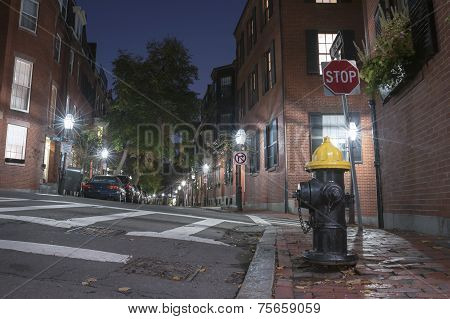 Narrow Street In Beacon Hill At Night, Boston.