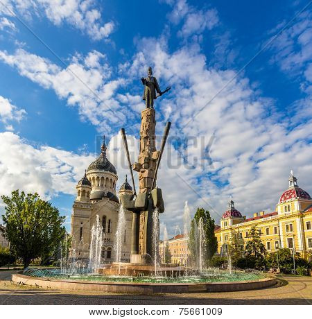 Statue Of Stephen Bocskay And Cathedral In Cluj-napoca, Romania