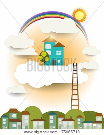 Abstract Paper cut,fantasy Home Sweet Home,sun With Rainbow