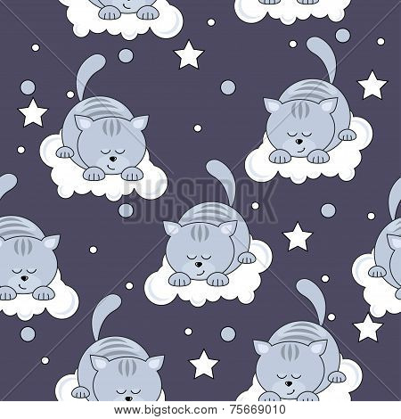 Seamless pattern with cats sleeping on clouds.