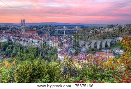 View of cathedral, Poya and Zaehringen bridge, Fribourg, Switzerland, HDR