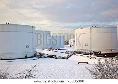 White Tanks In Tank Farm With Snow In Winter