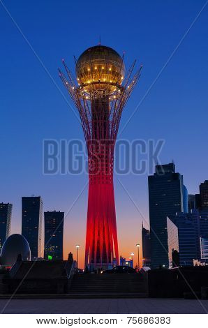 View Of Bayterek At Night. Astana