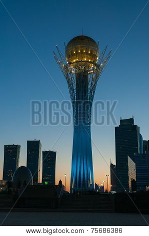 View Of Bayterek At Night. Astana