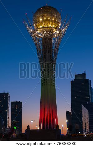 View Of Bayterek At Night. Astana