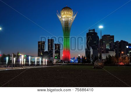 View Of Bayterek At Night. Astana