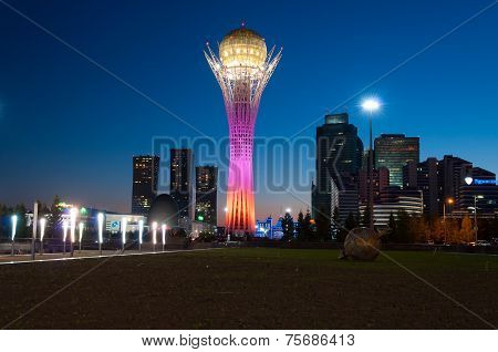 View Of Bayterek At Night. Astana