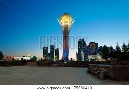 View Of Bayterek At Night. Astana
