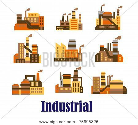 Flat industrial icons of plants and factories