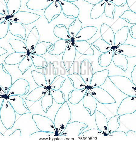 Tropical Embroidery Blue Floral Design In A Seamless Pattern