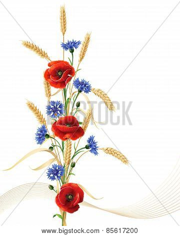 Cornflowers, Poppy Flowers  And Wheat Ears Bunch