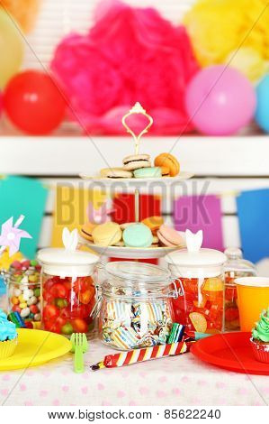 Prepared birthday table with sweets for children party