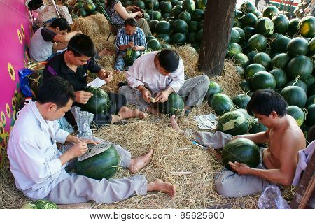 Asian Man, Farmer Market, Engraving  Watermelon