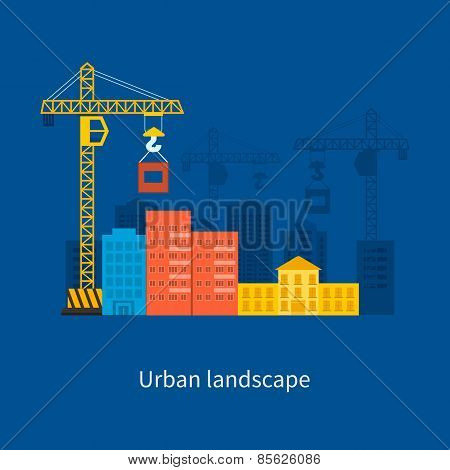 Flat design vector concept illustration with icons of building construction and urban landscape.