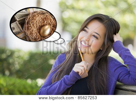 Pensive Woman with Money and Golden Nest Egg Inside Thought Bubble.