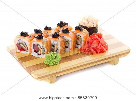 Sushi Roll With Salmon And Black Caviar On A Gete Over White Background