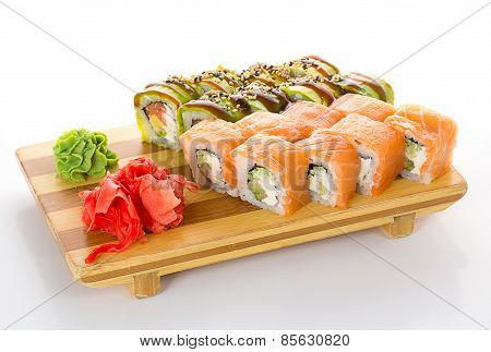 Sushi Rolls With Salmon And Avocado On A Gete Isolated On White Background