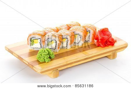 Philadelphia Sushi Roll With Ginger And Wasabi On Gete Isolated