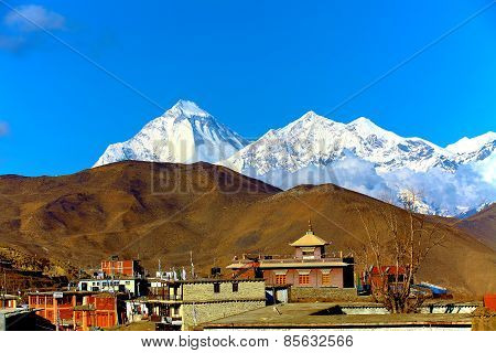 Snow capped mountains.