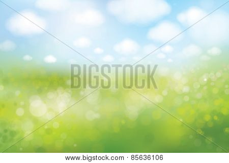 Vector Spring  Bokeh Background, Green Field And Blue Sky.