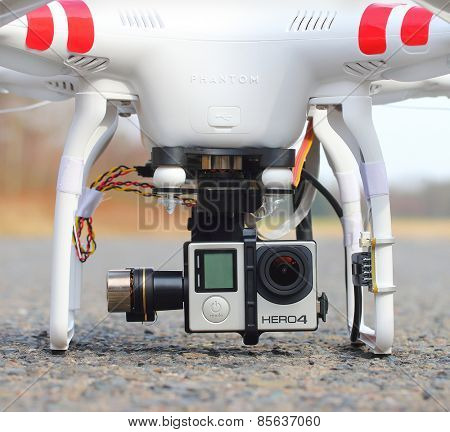 PILSEN CZECH REPUBLIC - MARCH 17, 2015: Drone quadrocopter Dji Phantom 2 with didital camera GoPro HERO4 Black edition. New tool for aerial photo and video.