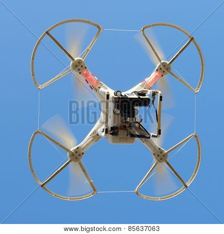 PILSEN CZECH REPUBLIC - MARCH 18, 2015: Drone quadrocopter Dji Phantom 2 with digital camera GoPro HERO4 Black edition. New tool for aerial photo and video.