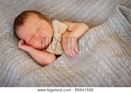 Newborn Baby Sleeping On Fur Bed