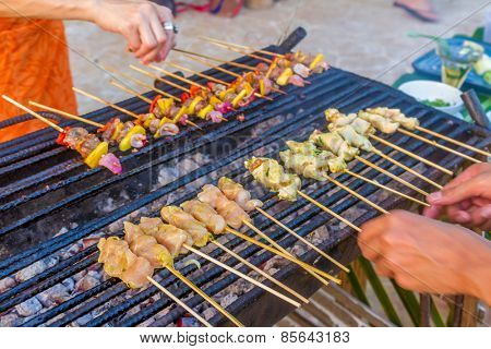 many bbq sticks on grill, outdoor, summer bbq time