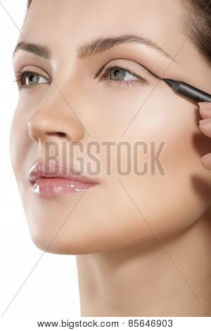 Beautiful Model Applying Eyeliner Closeup On Eye