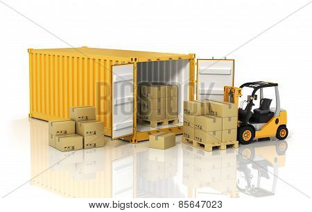 Open Container With Forklift Stacker Loader Holding Cardboard Boxes. Transportation Concept.