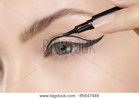 Beautiful Model Applying Eyeliner Closeup On Eye