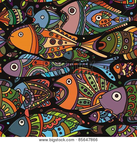 Vector seamless pattern with a lot of varicolored Fishes