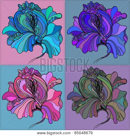 Vector print of four graphic flowers with different colors