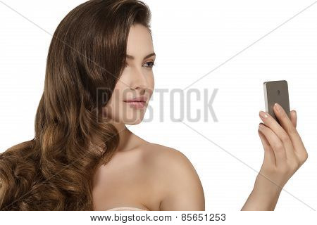 Beautiful Woman Take A Smiling Selfie With Smartfone