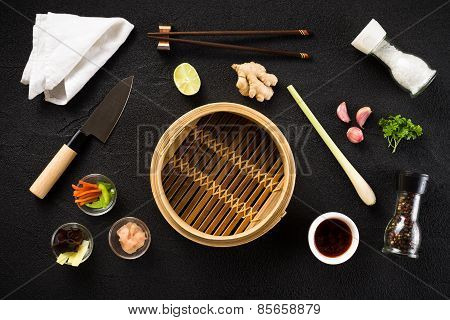 Asian Food Ingredients And Steamer Top View